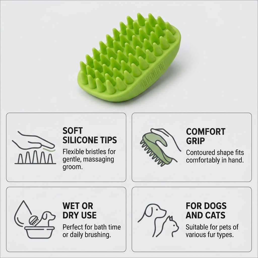 Silicone Pet Grooming Brush – Heavy-Duty Bath & Massage Brush for Dogs and Cats (Green) | Snoutify