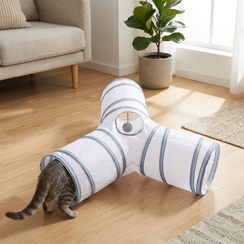 Collapsible 3-Way Cat Tunnel – White & Grey Indoor Play Tunnel with Ball Toy | Snoutify