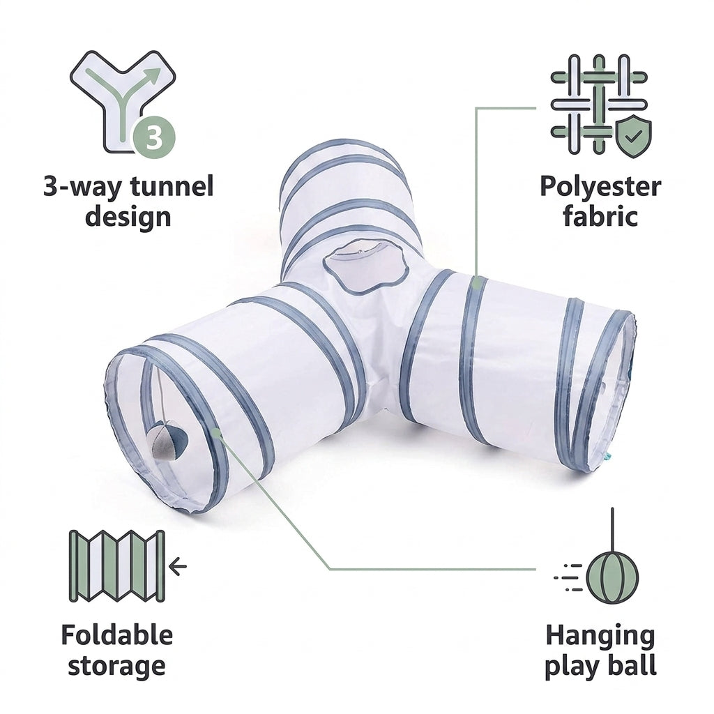 Collapsible 3-Way Cat Tunnel – White & Grey Indoor Play Tunnel with Ball Toy | Snoutify
