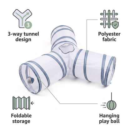 Collapsible 3-Way Cat Tunnel – White & Grey Indoor Play Tunnel with Ball Toy | Snoutify