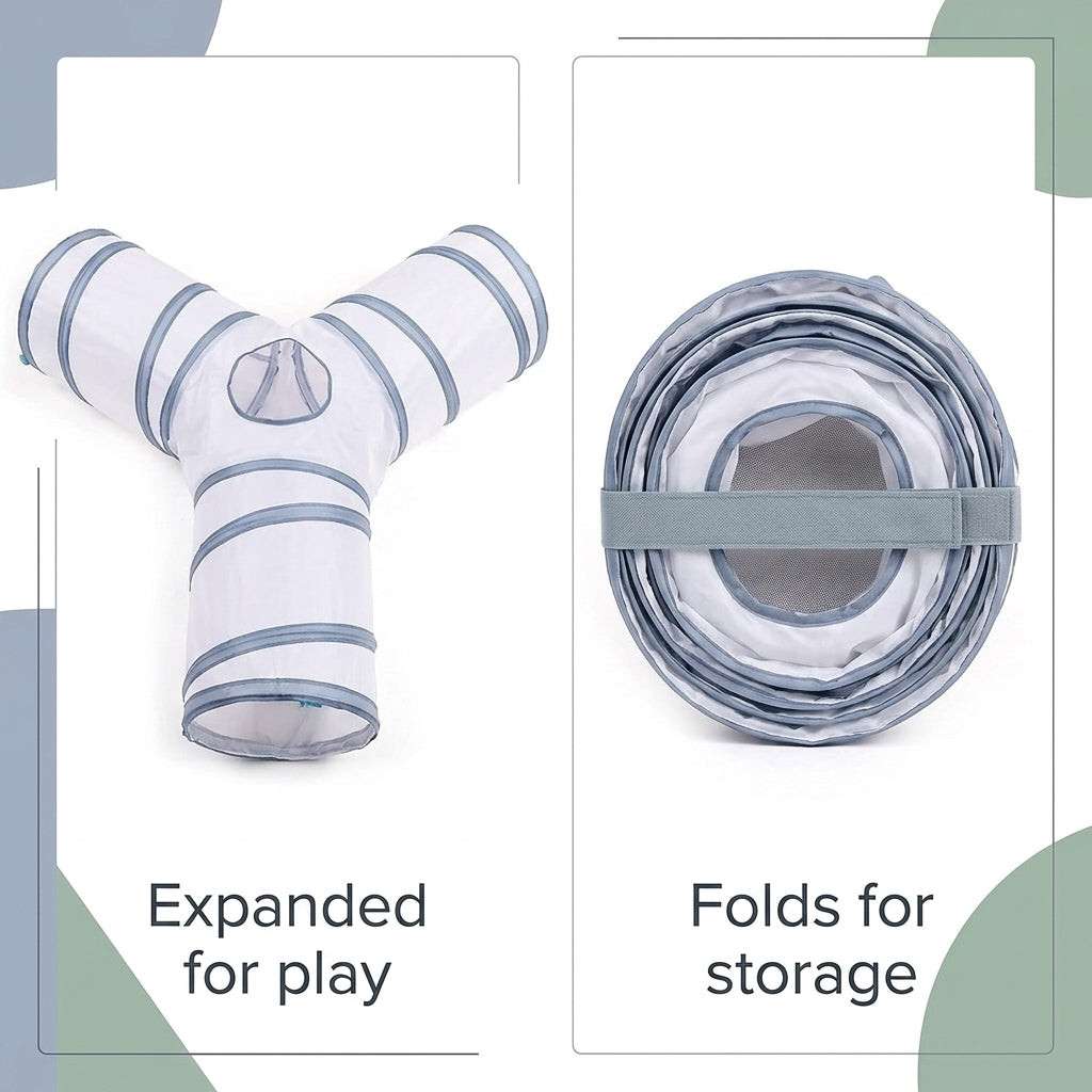Collapsible 3-Way Cat Tunnel – White & Grey Indoor Play Tunnel with Ball Toy | Snoutify