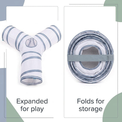 Collapsible 3-Way Cat Tunnel – White & Grey Indoor Play Tunnel with Ball Toy | Snoutify