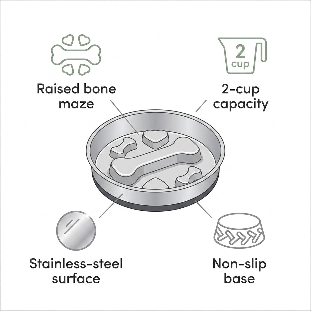 Stainless Steel Slow Feeder Bowl – 2-Cup Bone Maze Bowl for Dogs & Cats | Snoutify