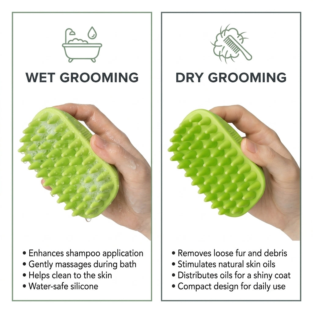Silicone Pet Grooming Brush – Heavy-Duty Bath & Massage Brush for Dogs and Cats (Green) | Snoutify
