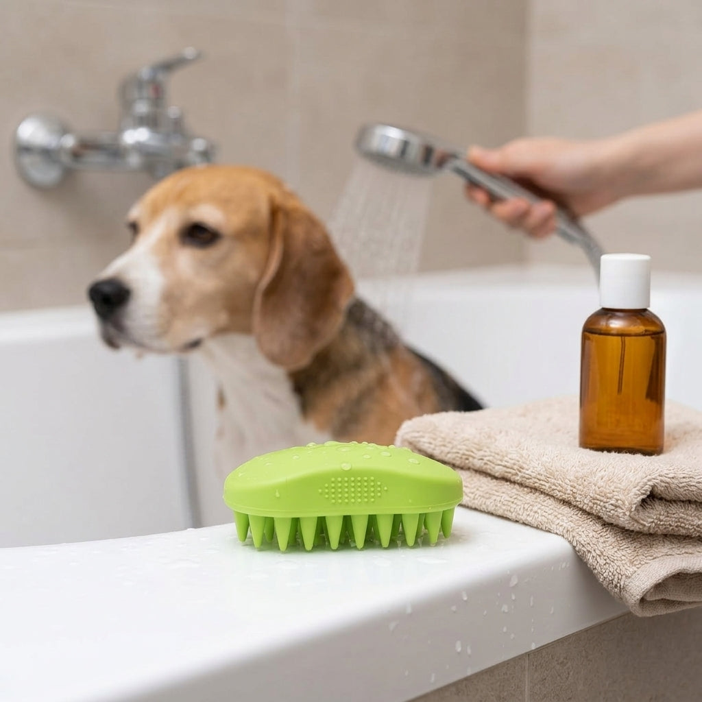 Silicone Pet Grooming Brush – Heavy-Duty Bath & Massage Brush for Dogs and Cats (Green) | Snoutify