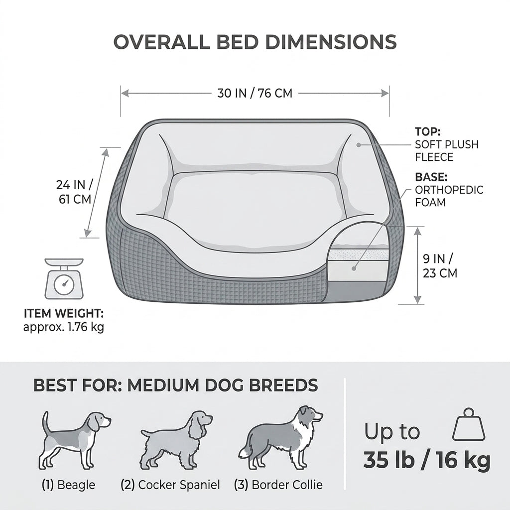 Orthopedic Rectangle Dog Bed – 30" Medium Washable Pet Bed with Raised Bolsters (Grey) | Snoutify