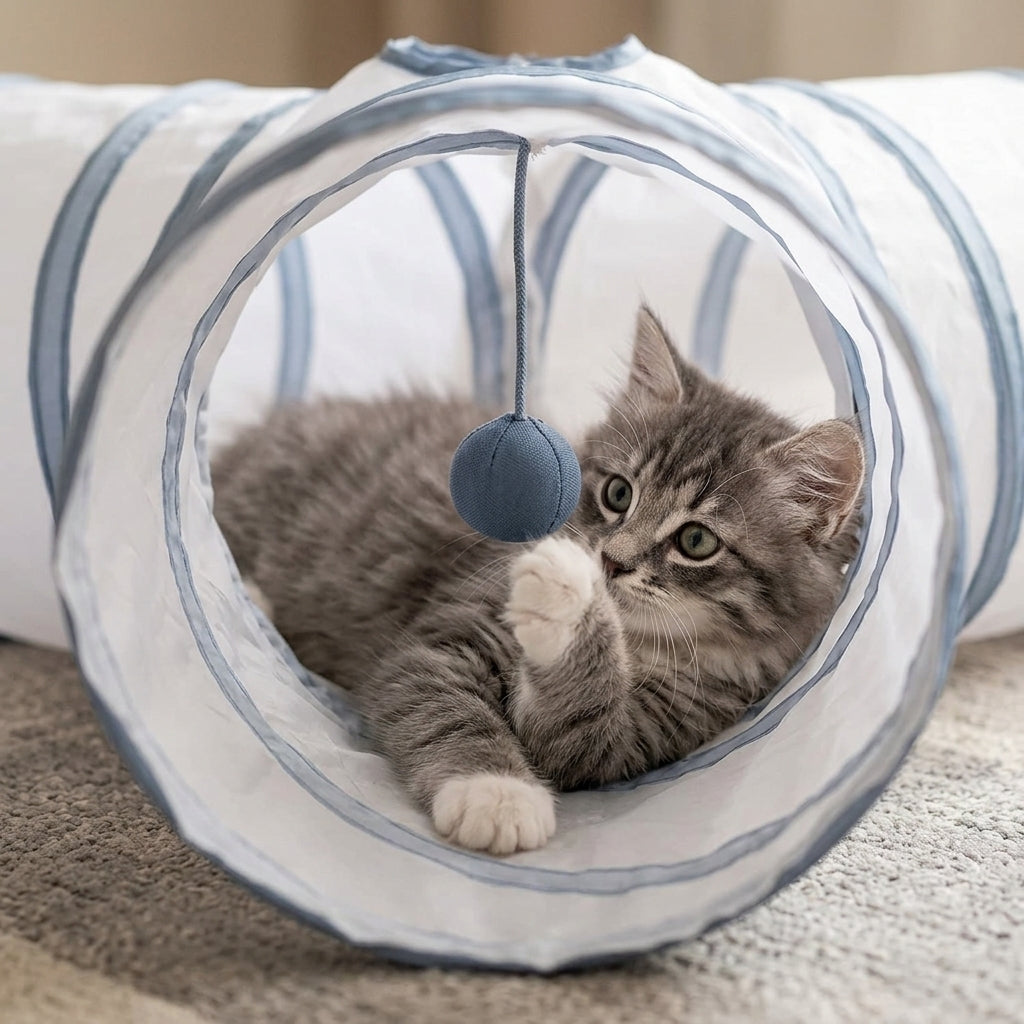 Collapsible 3-Way Cat Tunnel – White & Grey Indoor Play Tunnel with Ball Toy | Snoutify