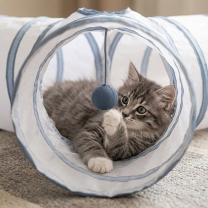 Collapsible 3-Way Cat Tunnel – White & Grey Indoor Play Tunnel with Ball Toy | Snoutify