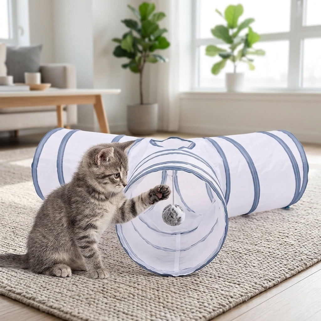 Collapsible 3-Way Cat Tunnel – White & Grey Indoor Play Tunnel with Ball Toy | Snoutify