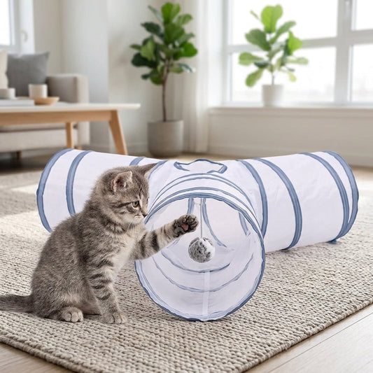 Collapsible 3-Way Cat Tunnel – White & Grey Indoor Play Tunnel with Ball Toy | Snoutify