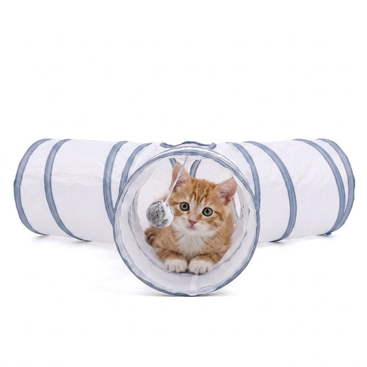 Collapsible 3-Way Cat Tunnel – White & Grey Indoor Play Tunnel with Ball Toy | Snoutify