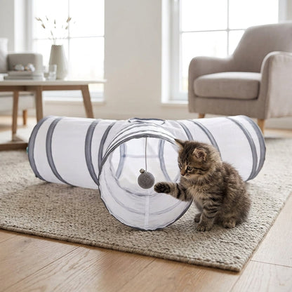 Collapsible 3-Way Cat Tunnel – White & Grey Indoor Play Tunnel with Ball Toy | Snoutify
