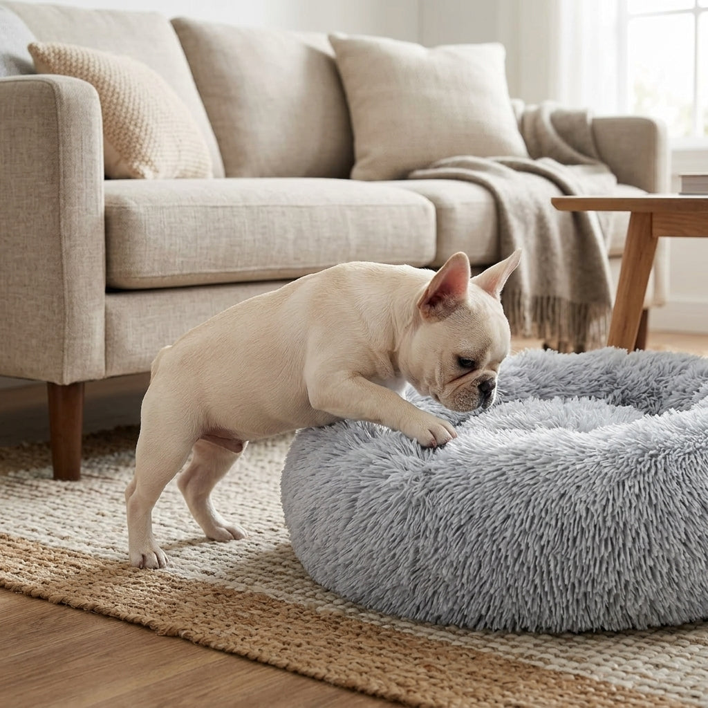 Calming Donut Pet Bed – 20" Plush Bed for Small Dogs & Cats (Light Grey) | Snoutify