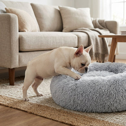 Calming Donut Pet Bed – 20" Plush Bed for Small Dogs & Cats (Light Grey) | Snoutify