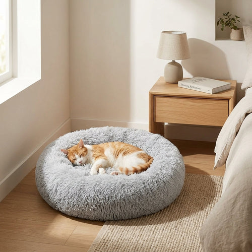 Calming Donut Pet Bed – 20" Plush Bed for Small Dogs & Cats (Light Grey) | Snoutify