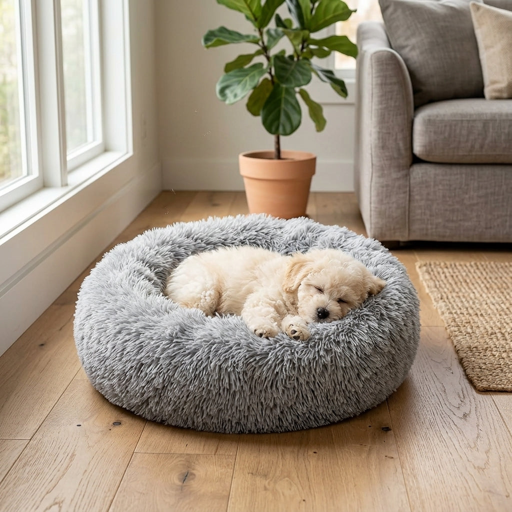 Calming Donut Pet Bed – 20" Plush Bed for Small Dogs & Cats (Light Grey) | Snoutify