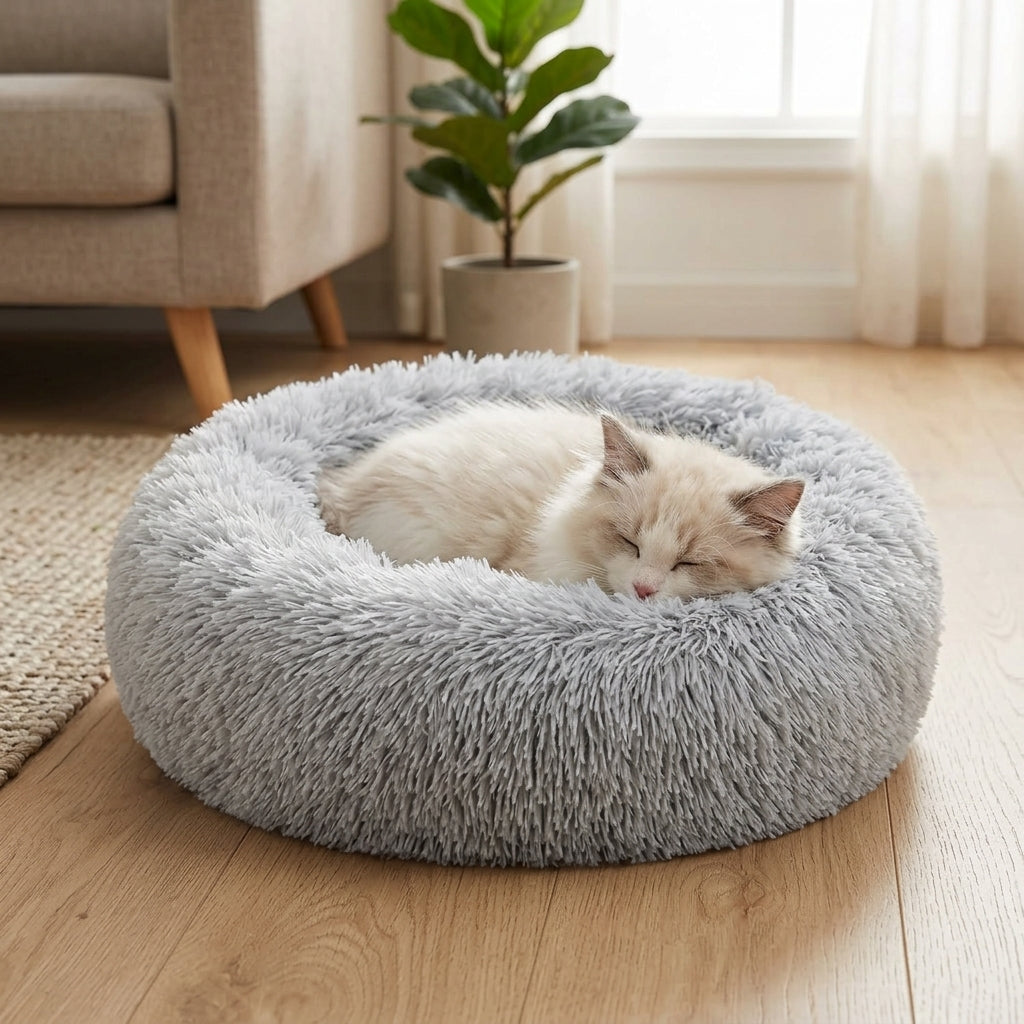 Calming Donut Pet Bed – 20" Plush Bed for Small Dogs & Cats (Light Grey) | Snoutify