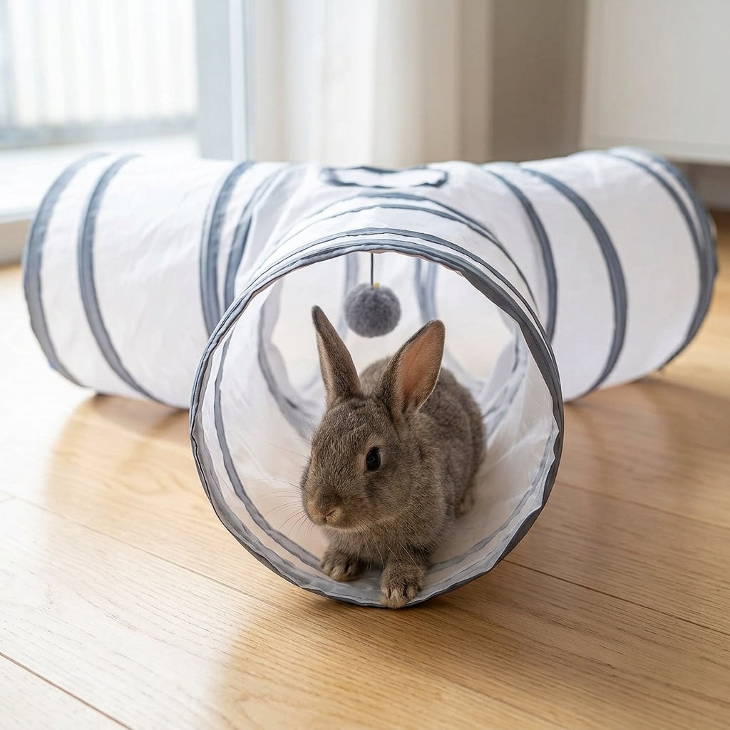Collapsible 3-Way Cat Tunnel – White & Grey Indoor Play Tunnel with Ball Toy | Snoutify