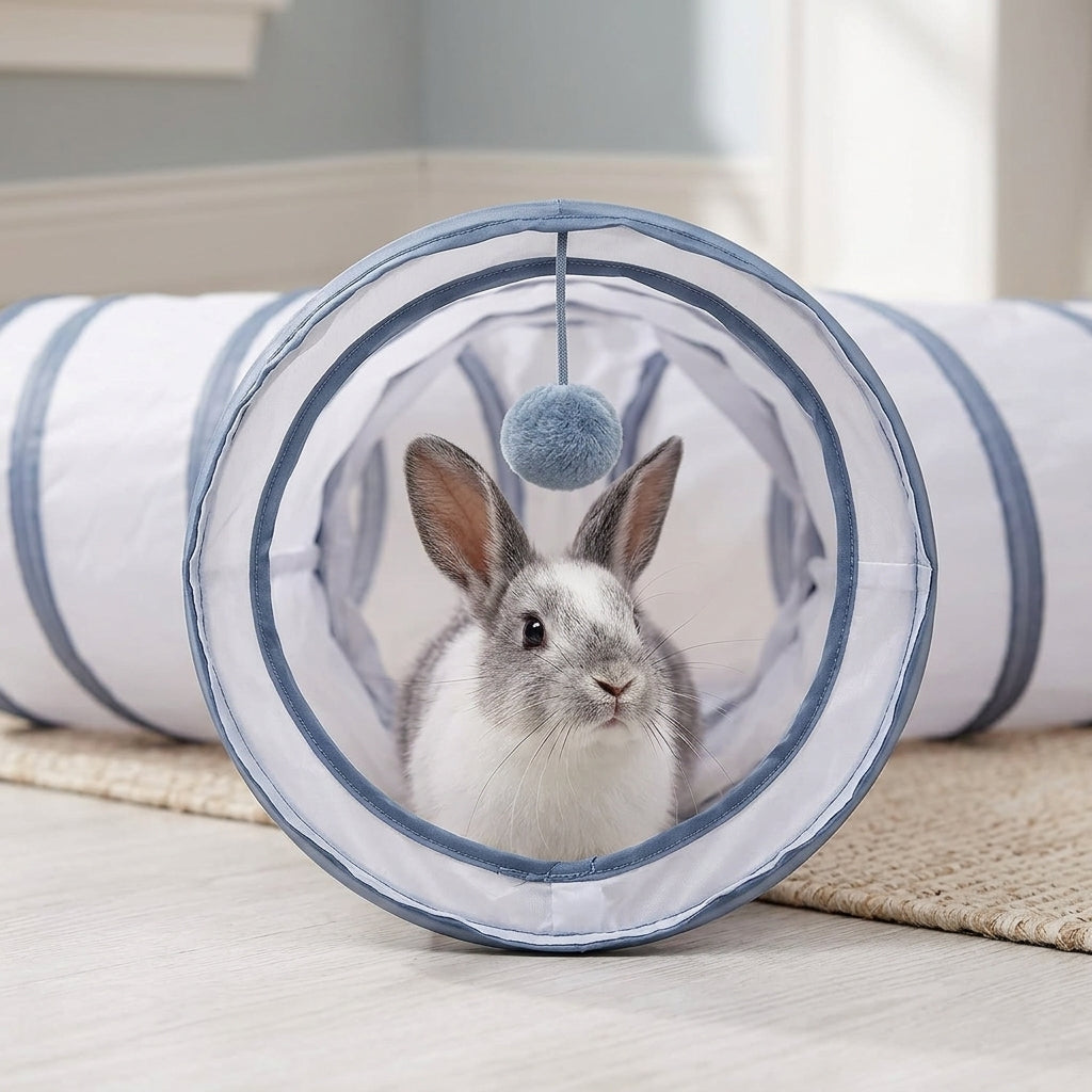 Collapsible 3-Way Cat Tunnel – White & Grey Indoor Play Tunnel with Ball Toy | Snoutify