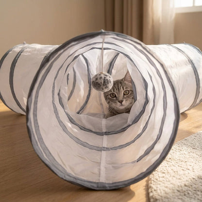 Collapsible 3-Way Cat Tunnel – White & Grey Indoor Play Tunnel with Ball Toy | Snoutify