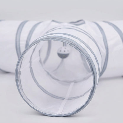 Collapsible 3-Way Cat Tunnel – White & Grey Indoor Play Tunnel with Ball Toy | Snoutify